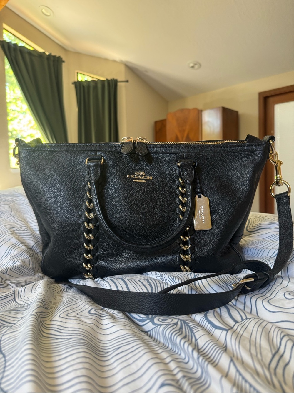 COACH Central Whiplash Satchel in black leather with gold chain detail